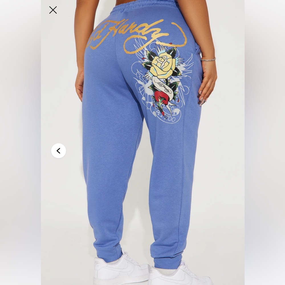 Ed Hardy Blue Track Pants with Gold and Multicolor Design